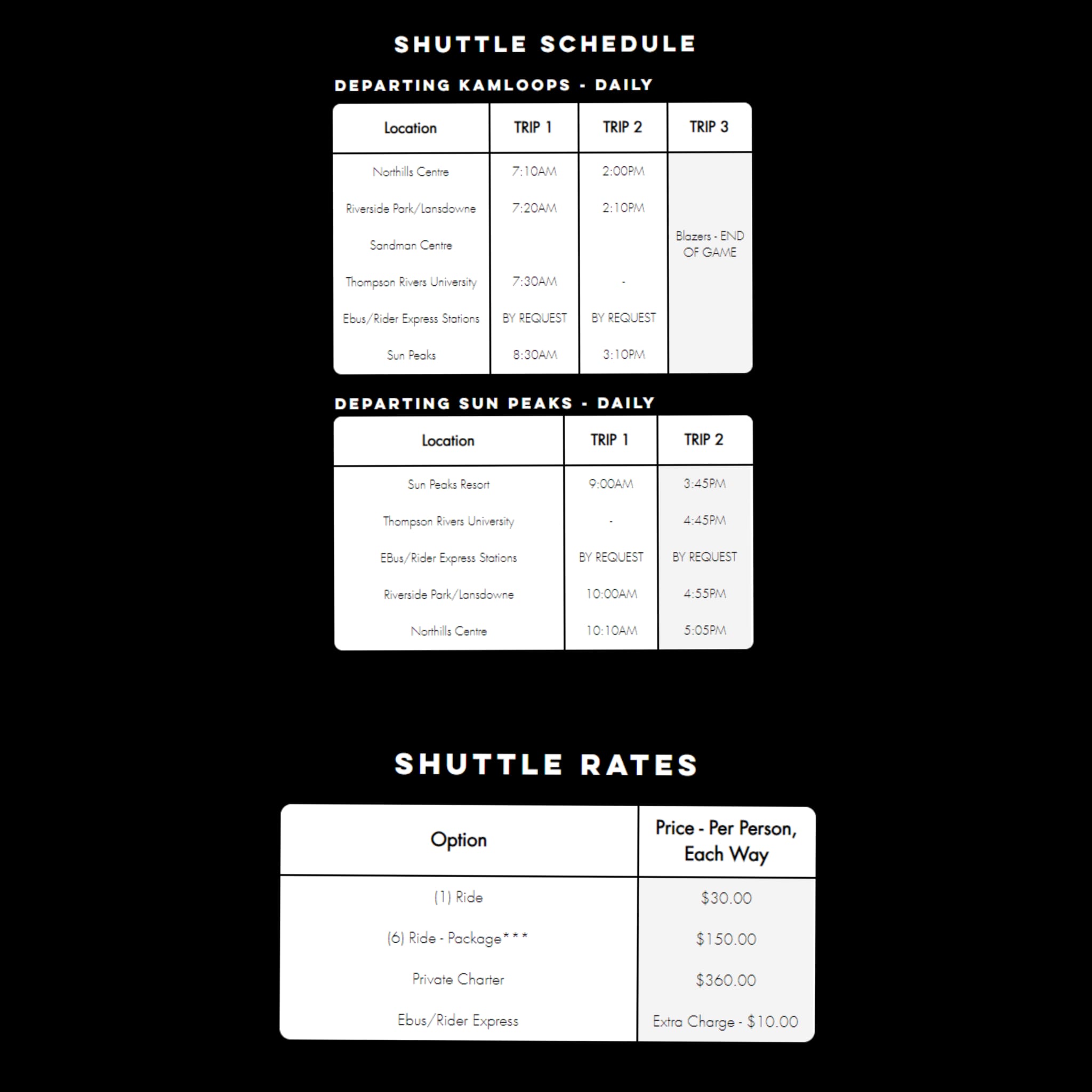 Peaks Shuttle Schedule